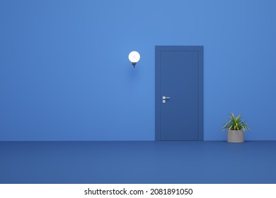 3D Illustration Blue Room With Door
