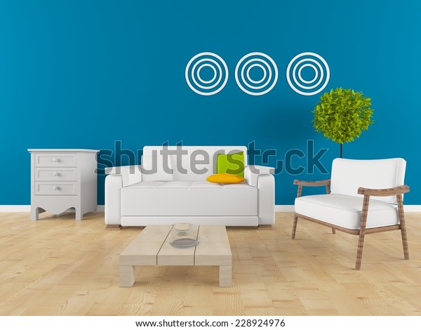 3d Illustration Blue Room White Furniture Stock Illustration