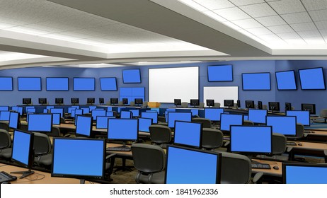 3D Illustration With Blue Screen Monitors In A Classroom Or A Surveillance And Network Management Center.