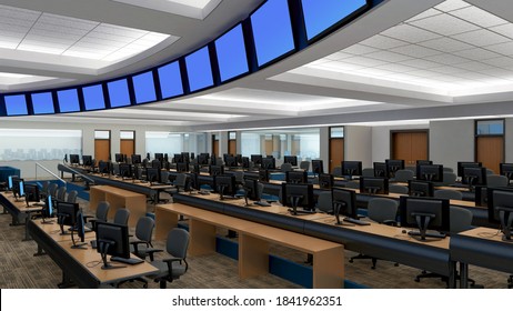 3D Illustration With Blue Screen Monitors In A Classroom Or A Surveillance And Network Operations Center.