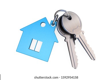 3D illustration: Blue transparent glass keychain in the form of a house with a pipe and a window connected by a ring with two metal keys. Symbol of a new apartment. Buying a home on credit. Mortgage.