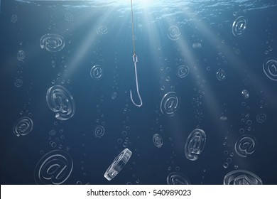 3D illustration of a blue underwater scene where a phishing hook is trying to catch â??atâ?� signs, symbolizing emails / 3D rendering underwater scene email phishing / Will the emails bite?
