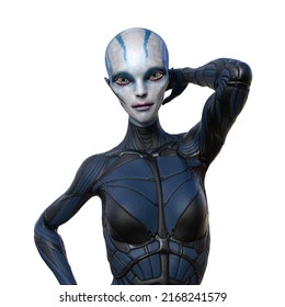 3d illustration of a blue and white skin alien wearing a tight outfit standing with her hand behind her head looking forward on a white background.
