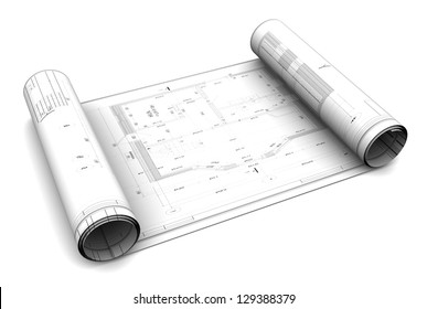 3d Illustration Of Blueprint Roll, Over White Background