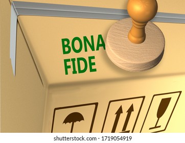 3D Illustration Of BONA FIDE  Stamp Title On A Merchandise Carton