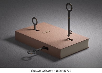 3d illustration. A book with many keyholes and old rusty metal keys inside. Conceptual image to represent a text or a book with different reading keys and interpretations.