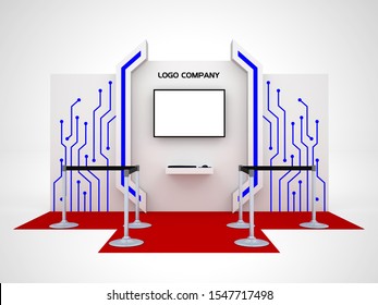 3d Illustration Booth Backdrop TV Screen Digital Technology Style With  Blank Space Logo Company Flooring Red Carpet And Standing Barricade Movable For Information Event Exhibition Isolated Background