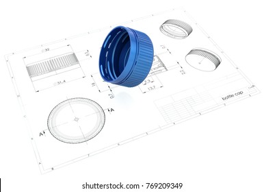 3d Illustration Of Bottle Cap Above Engineering Drawing