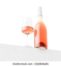 3d Illustration. Bottle Of Rose Wine With A Glass On The Table. Mockup, 3D Render.