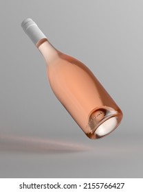 3d illustration. a bottle of rosé wine floats over the table. Mockup, 3D render.