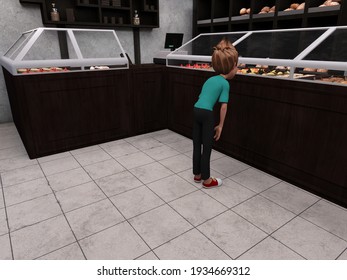 3d illustration of a boy in a bakery slouched over overwhelmed while trying to decide which pastry he wants to buy.