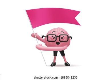 3d Illustration Of Brain Cute Character In Glasses With Flag