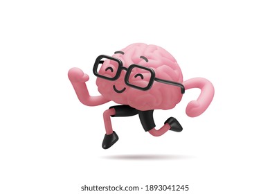 3d Illustration Of Brain Cute Character In Glasses Running Ahead