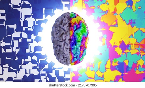 A 3D Illustration Of A Brain That Is Half Digital And Half Analog 