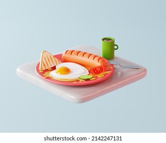 3D illustration of breakfast with scrambled eggs, vegetables, sausage, toast and a cup of coffee, on a light wooden table. 3D rendering of a cartoon breakfast.