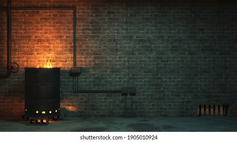 3d Illustration. Brick Wall Of A Street Facade At Night. Burning Barrel Hearth In The Gateway Of The Slums