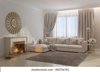 3d Illustration Of Bright And Cozy Living Room With Fireplace And Mirror