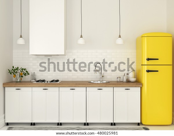 白い家具と明るい黄色の冷蔵庫を持つ明るいキッチンの3dイラスト のイラスト素材