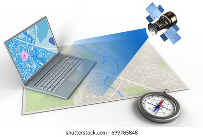 3d illustration of bright map with computer and satellite