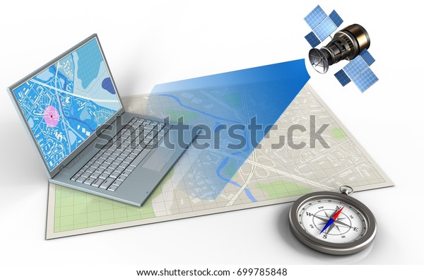 3d\
illustration of bright map with computer and\
satellite