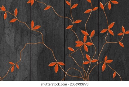 3d Illustration, Bright Orange Slender Plant On A Dark Wooden Background