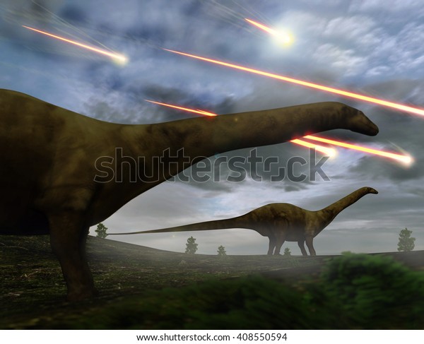 6500万年前に恐竜が絶滅する恐れのある大きな小惑星の衝突を前に降り注ぐ隕石を見たブロントサウルスの3dイラスト のイラスト素材