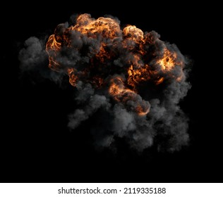 3D Illustration Of Bubbly Dense And Grey Smoke Cloud With Lot Of Orange Explosion Parts On A Black Background