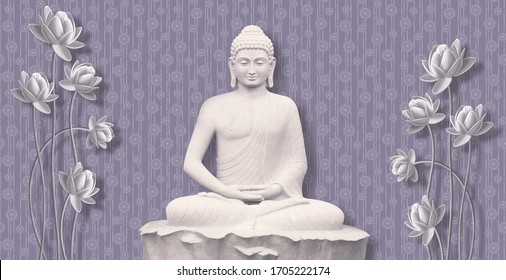 3D Illustration of Buddha meditating  and beautiful flower rendering wallpaper purple background 3d illustration