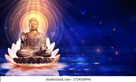 3D Illustration Buddha Sat In A Lotus Flower Floating On The Water Surface On A Blue Bokeh Background And Shining Light.