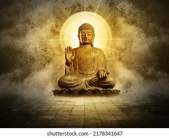 3d illustration buddha sitting in lotus flower golden background and shining light
