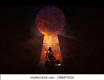 3d Illustration. Buddhist Novice In Front Of Key Hole With Universe Behind