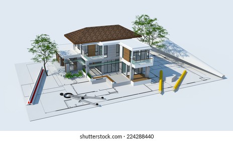 3d Illustration Of Building Design Concept, Architects Computer Generated Visualization In Drawing Style 