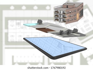 A 3d Illustration Of A Building Design Floating Above A Tablet