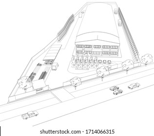 3D Illustration Of Building Wireframe On White Background