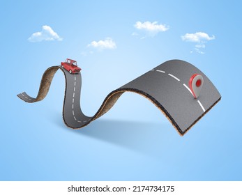 3D Illustration Of Bumpy Road With Car And Location Icon. 3D Highway Design Isolated With Clouds. Tourism And Transportation Concept Design.