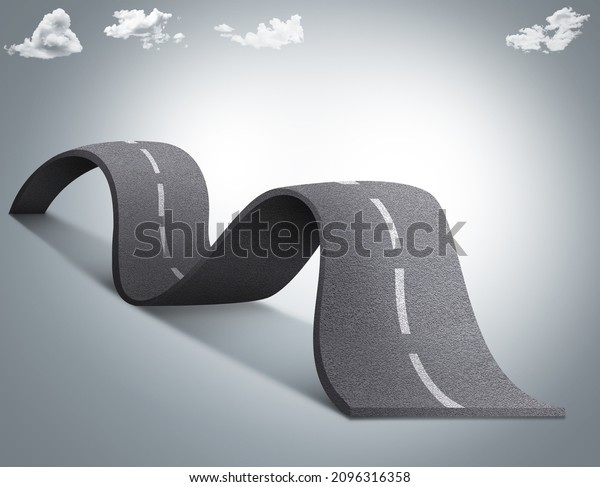 3d illustration of bumpy road. curved road with\
clouds and background. blue background. road mock up illustration.\
online delivery mockup. infinite and bumpy road design\
advertisement. highway\
design.