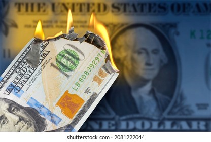 3D Illustration, A Burning 100 US Dollar Bill In Front Of One Dollar Banknote 