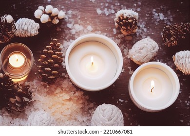 3d Illustration Of Burning Candles With Pine Cones And Bath Salt