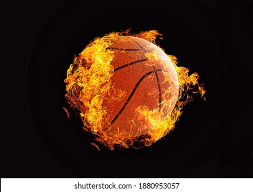 3D illustration of a burning flame basketball ball