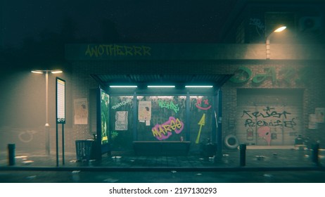 3D Illustration Of Bus Stop Concept Art, Dirty Street In Night Time, Dark Alley, Light From Lamp Lantern, Graffiti, Wet Glass, Trash On Pavement Blurred And Lens Distorted Background, Noise Effect