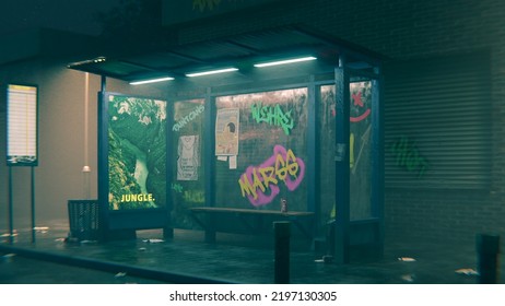 3D Illustration Of Bus Stop Concept Art, Dirty Street In Night Time, Dark Alley, Light From Lamp Lantern, Graffiti, Wet Glass, Trash On Pavement Blurred And Lens Distorted Background, Noise Effect