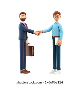 3D Illustration Of Business Handshake. Cute Cartoon Smiling Man With Laptop And Bearded Businessman With Briefcase Standing And Shaking Hands. Successful Agreement, Deal Concept.