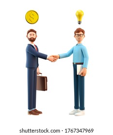 3D illustration of business startup and search of investments concept. Cartoon smiling man with bulb over head and businessman with briefcase and gold coin over head standing and shaking hands.