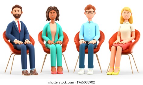 3D illustration of business team meeting. Happy multicultural people characters with their hands on their knees, sitting in chairs. Successful teamwork, group therapy, discussion and support session.