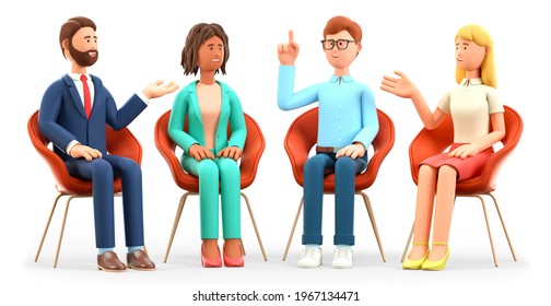 3D Illustration Of Business Team Meeting, Talking And Gesticulating In An Excited Manner. Happy Multicultural People Characters Sitting In Chairs And Discussing. Group Therapy, Support Session.