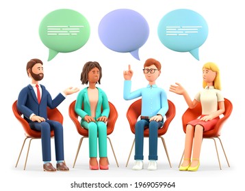 3D illustration of business team meeting and talking with speech bubbles. Happy multicultural people characters sitting in chairs and discussing. Successful teamwork, group therapy, support session.