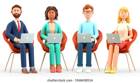 3D illustration of business team office working. Happy multicultural people characters sitting in chairs and using laptops. Successful teamwork, group connection and global communication concept.
