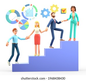 3D illustration of business team working together for success and growing. Multicultural cartoon characters helping to each other and giving a support.  Corporate partnership and cooperation concept. - Powered by Shutterstock