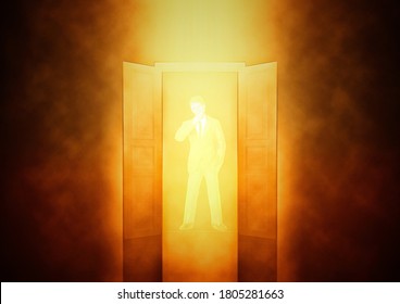 3D illustration of a businessman standing in front of an open door
