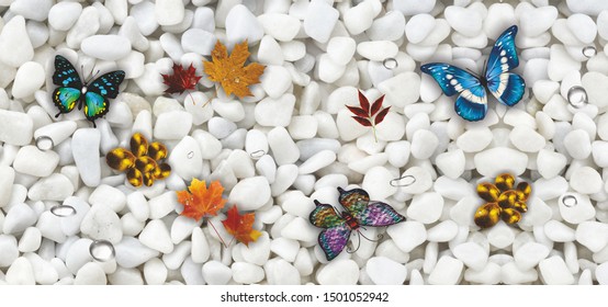 3d illustration, Butterflies and maple leaves on white stone background